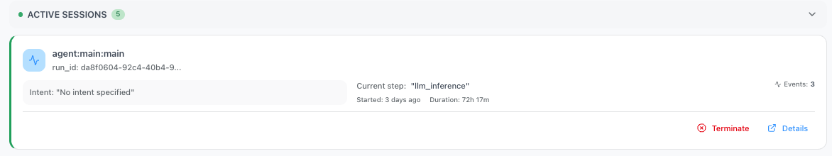 Active session card showing the Terminate link